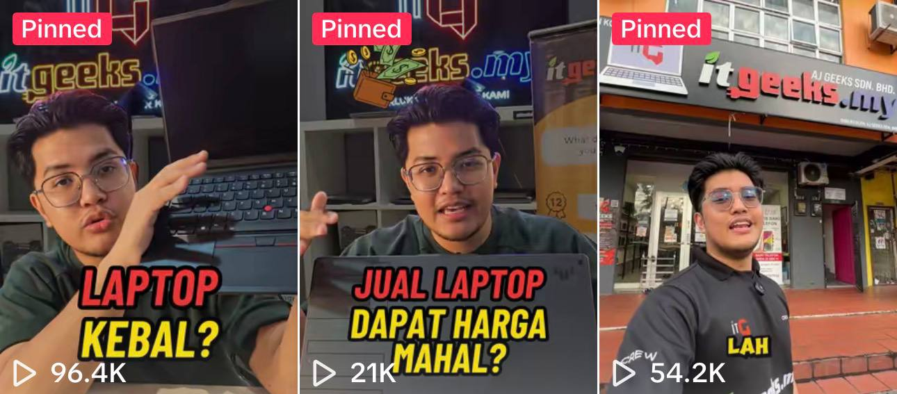 ITGEEKS TikTok feed preview showing three pinned laptop and shop videos